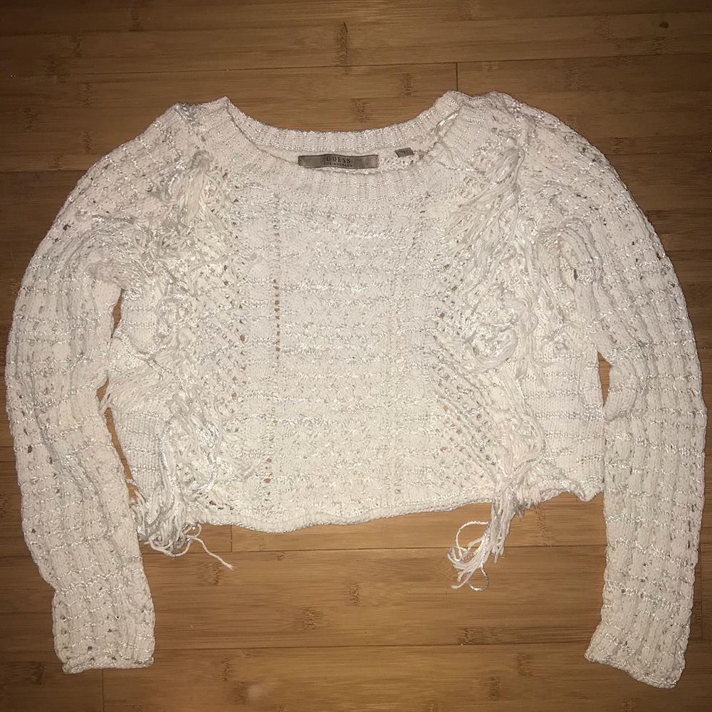 Guess Chunky Knit Cropped Sweater (White, Tassels)